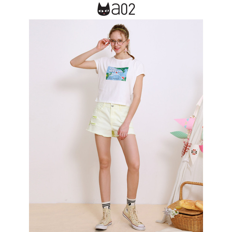 a02新款2020时尚个性印花上衣女夏潮绑带短袖T恤女D1U5A0561KT