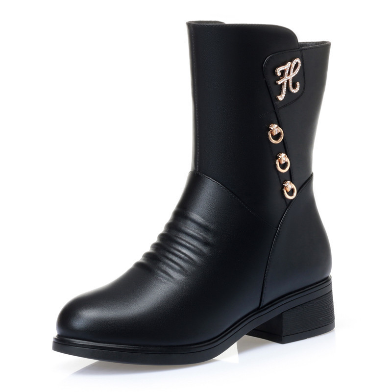 妈妈鞋冬季新款中筒靴子粗跟防滑加绒女靴中跟女士棉鞋中老年女鞋