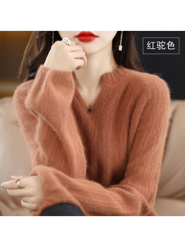 秋冬新款貂绒毛衣女v领宽松短款纯色灯笼袖羊毛打底衫针织衫