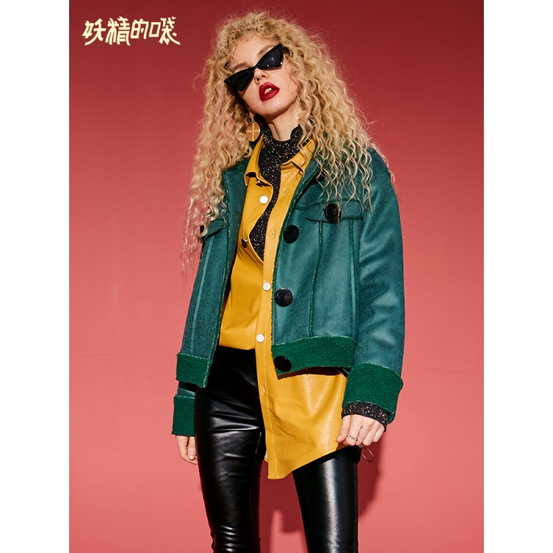 妖精的口袋Y纯色皮质长袖衬衫女潮韩版秋装通勤帅气衬衣J_1