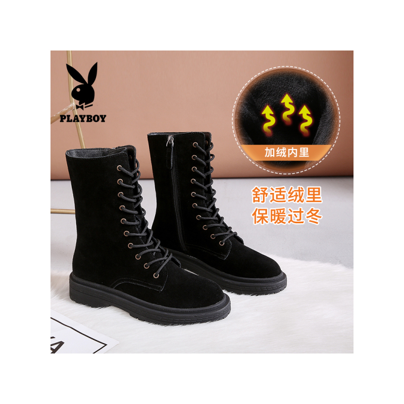 PLAYBOY/花花公子冬季加绒中筒休闲时尚纯色系带圆头短靴沙漠网红短靴女K12299216