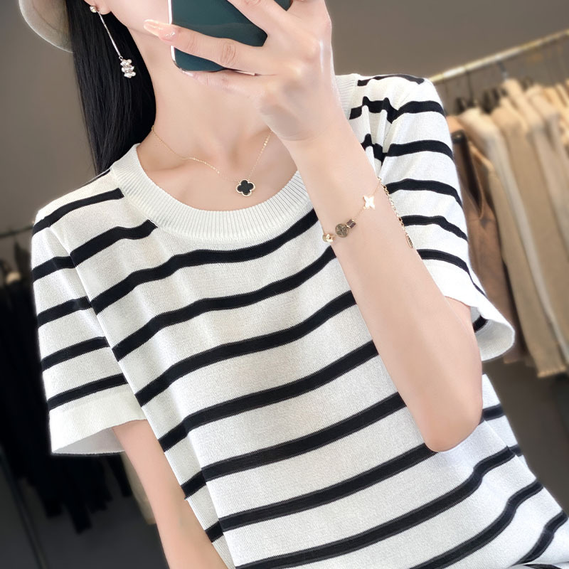 薄款针织衫圆领正肩短袖T恤女夏季冰丝法式小衫显瘦条纹上衣