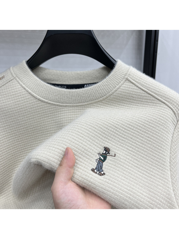 冬季新款圆领毛衣男含羊毛加绒加厚冬装时尚刺绣休闲针织衫男