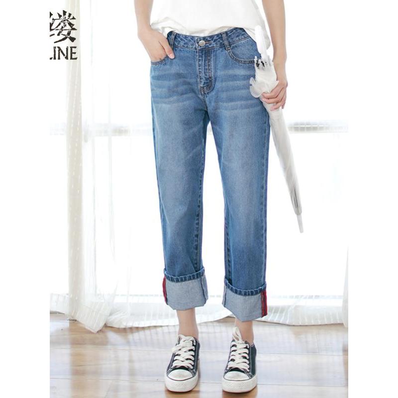 素缕夏装2018新款女文艺直筒牛仔裤水洗棉做旧印花裤子女WS8256尛