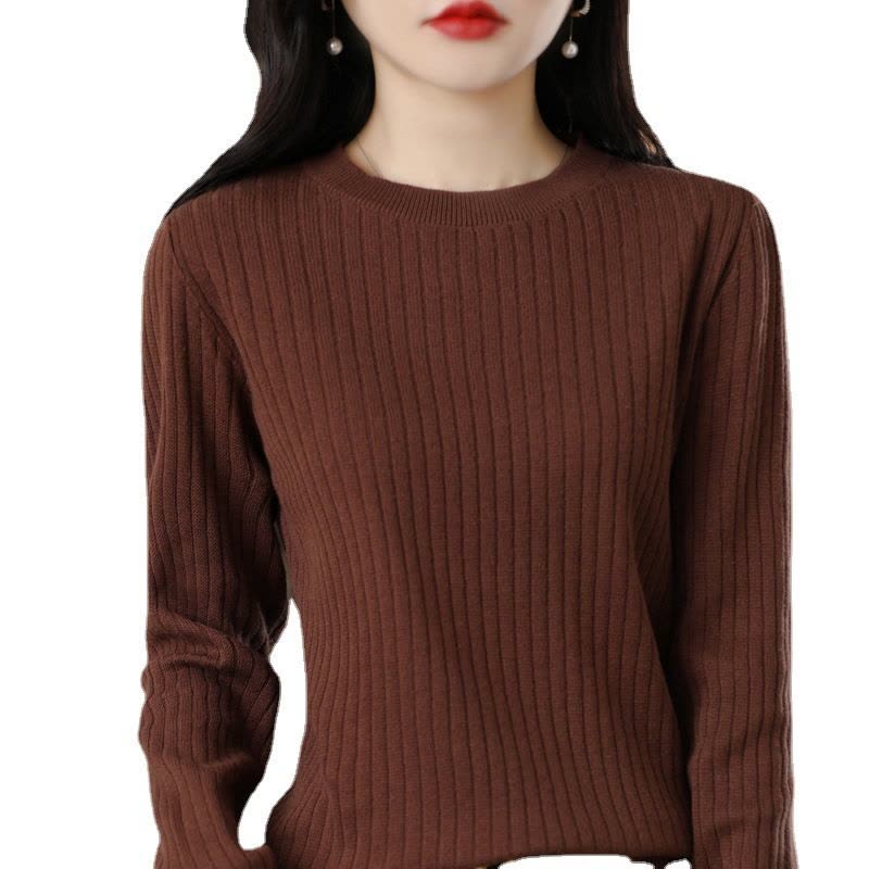 棉线毛衣秋季新款女士圆领坑条长袖针织衫纯色显瘦打底衫图片