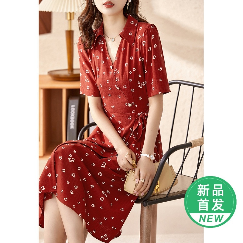 OUNIXUE欧昵雪 | [时尚爱心茶歇裙]夏季复古半开翻领系带装饰A字连衣裙女