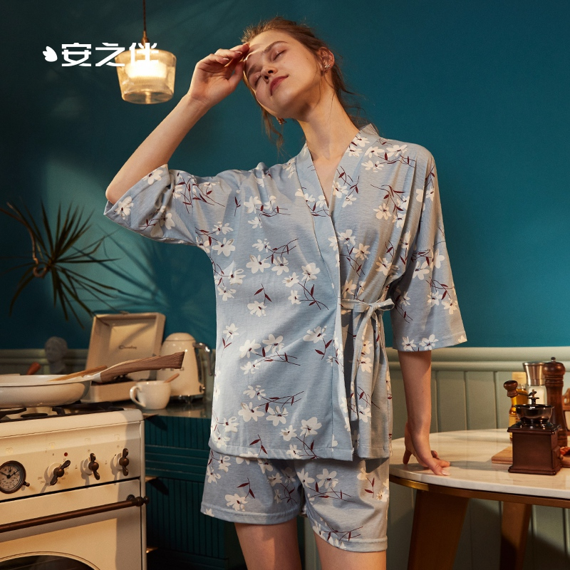 安之伴时尚睡衣女夏甜美开衫短袖系带韩版宽松休闲家居服套装大码