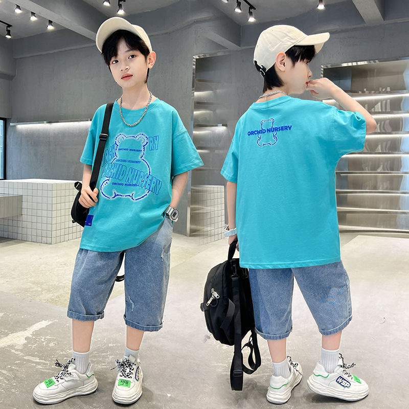 男童套装夏装新款儿童短袖牛仔裤中大童洋气韩版潮酷衣服夏款