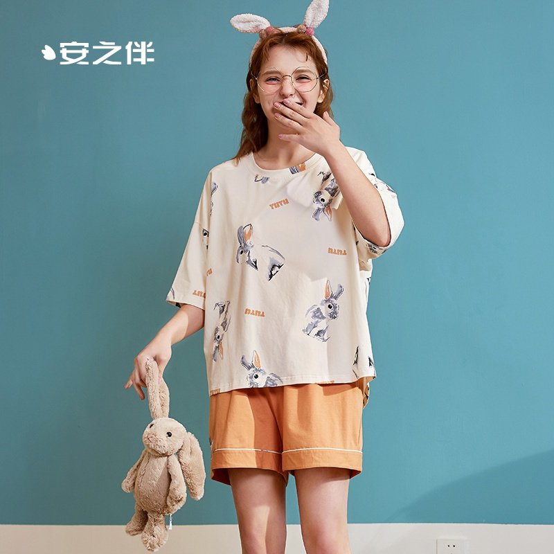 冰爽棉印兔子五分袖女套装