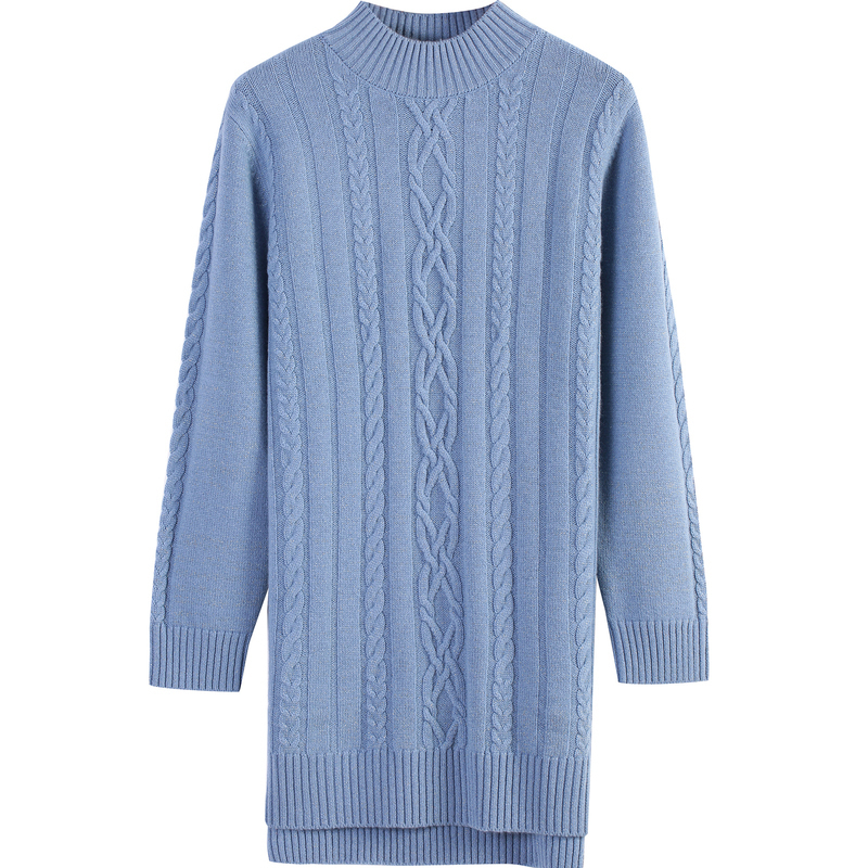 恒源祥复古绞花羊毛衫女2019秋冬亮丝中长款厚毛衣前短后长针织衫