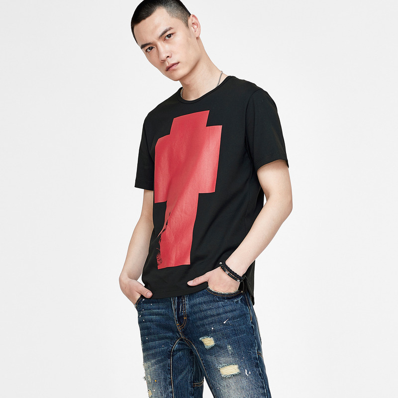 gxg男装春季男士黑色时尚修身休闲都市圆领t恤潮流短袖t恤