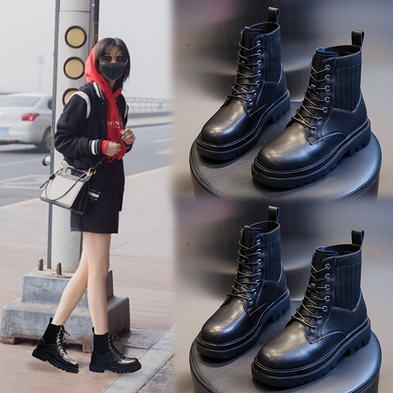 策霸冬秋季马丁靴女英伦风粗跟中筒短靴女复古休闲真皮女鞋袜