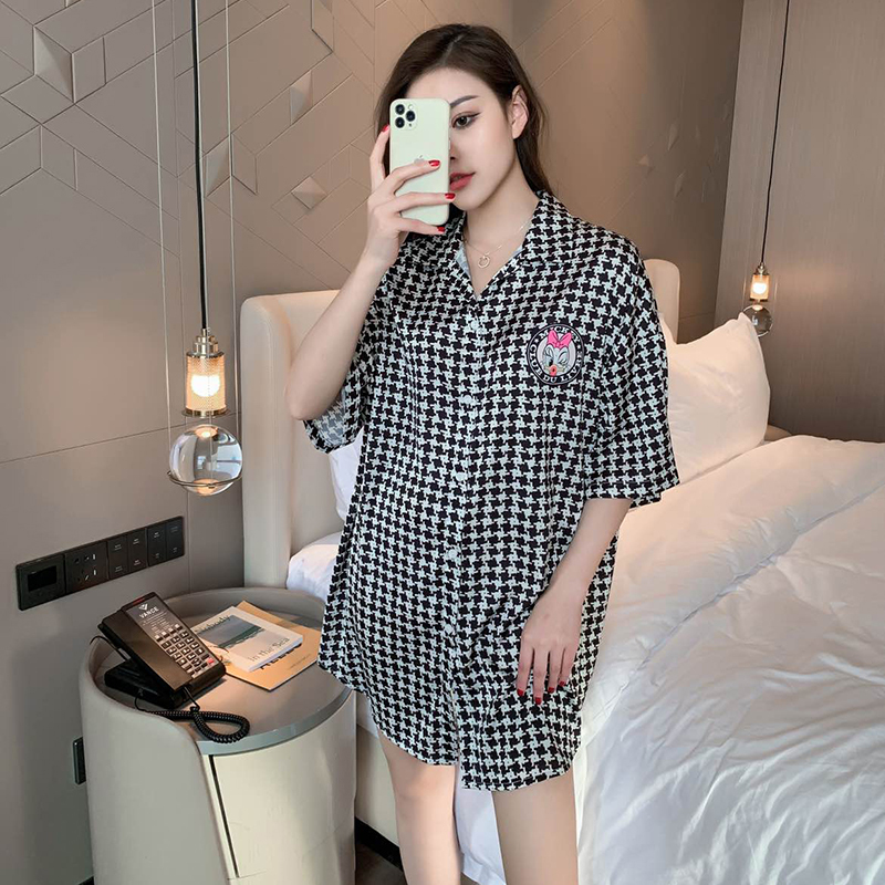 蓝旗 2021春夏新款女士睡裙薄款冰丝千鸟格可爱印花衬衫裙家居服可外穿