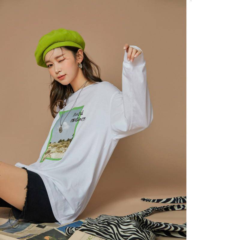 OtherMix白色打底T恤绿环保系列2021年新款棉长袖春季宽松内搭女