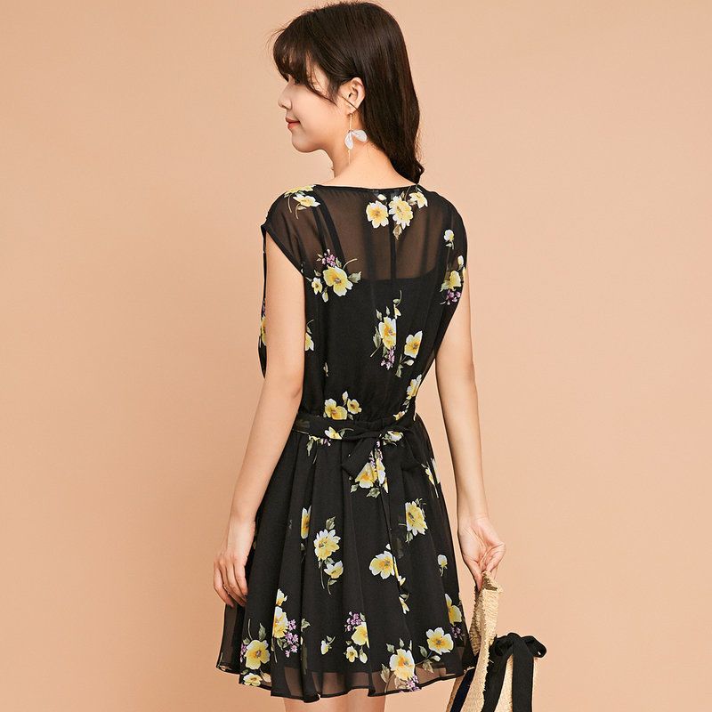 拉夏贝尔7modifier莫丽菲尔连衣裙夏雪纺新款韩版圆领无袖蓬蓬裙a字