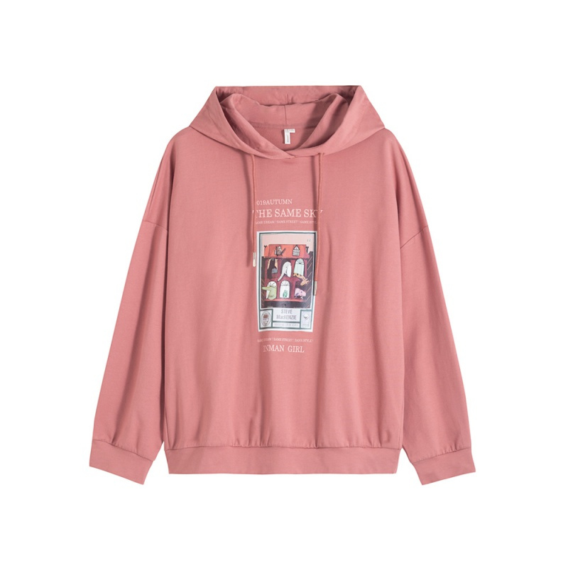 茵曼卫衣女2019秋季新款纯棉连帽休闲潮搭印花落肩袖宽松时尚上衣