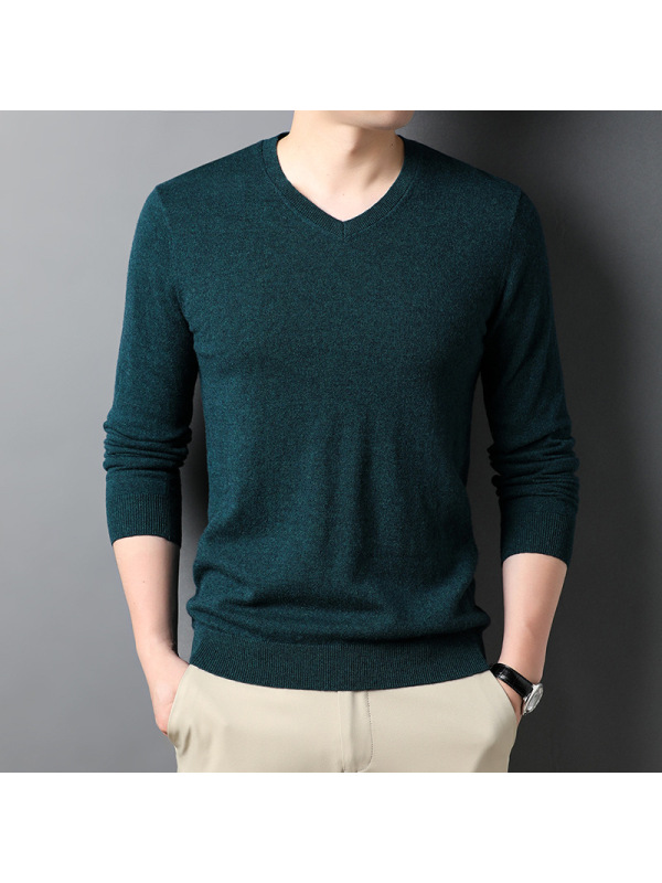 男装秋冬季310g男士羊毛衫鸡心V领套头纯色打底毛衣男