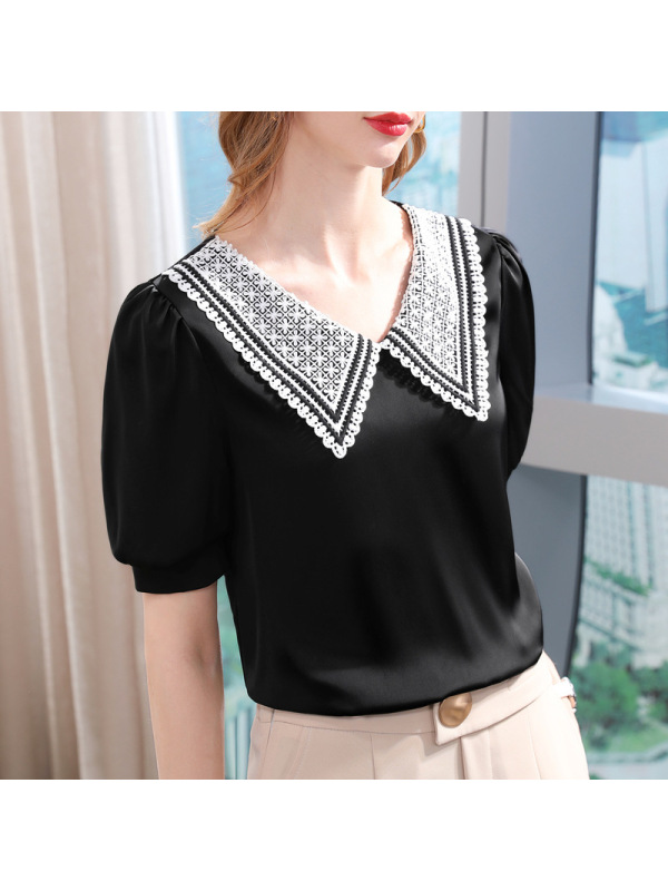 Ceba雪纺衫女短袖2022年新款女装撞色拼接缎面洋气小衫减龄娃娃领上衣