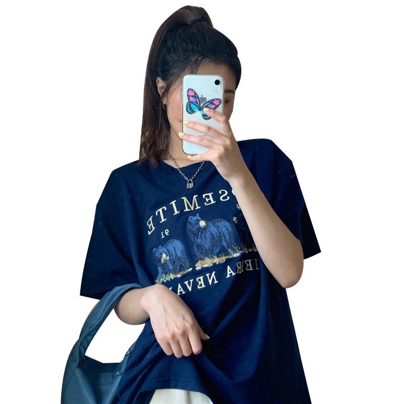 夏季韩版短袖T恤女中长款打底衫女卡通学生宽松上衣女装图片
