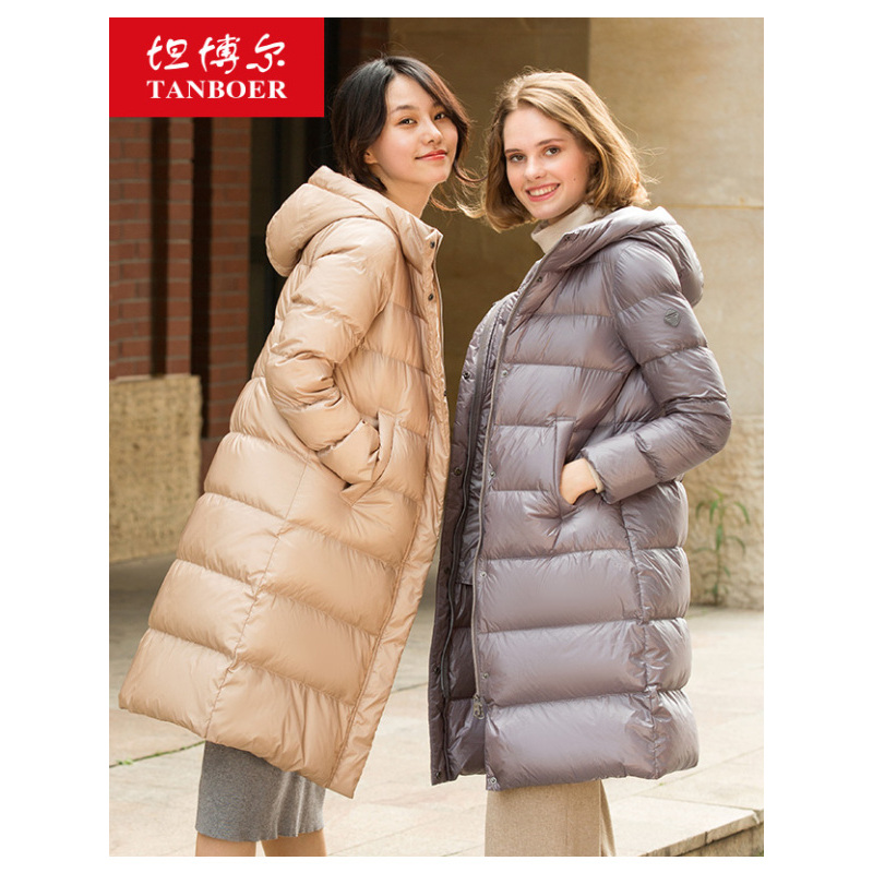 坦博尔2019新款羽绒服女中长款韩版连帽修身时尚休闲面包羽绒服