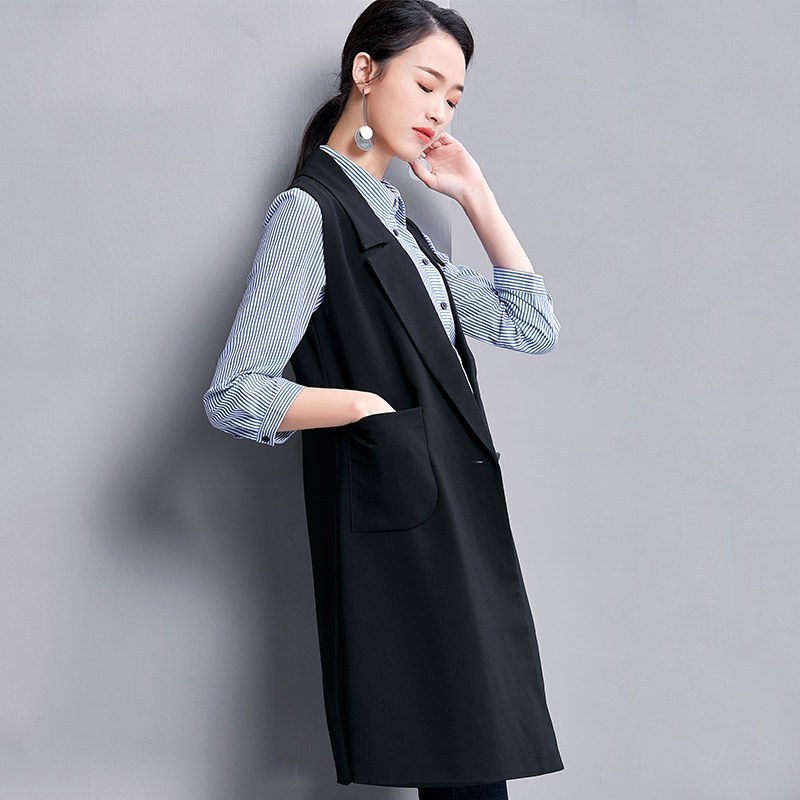 欧昵雪休闲翻领无袖背心马夹中长款外套女西装马甲视频