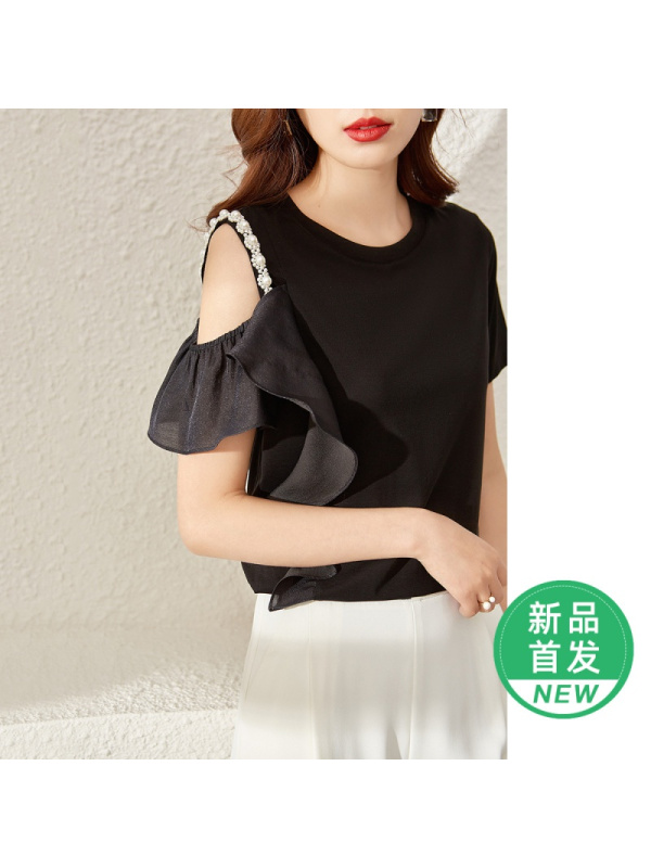 OUNIXUE欧昵雪 | [珍珠链条装饰上衣]夏季气质圆领露肩荷叶边拼接T恤短袖女