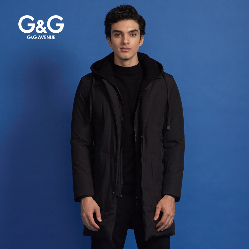 G＆G 男士2018冬季新款羽绒服男中长款连帽修身帅气冬装休闲外套