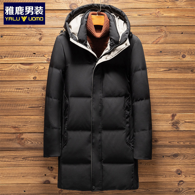 新品时尚简约连帽中长款纯色白鸭绒男士保暖羽绒服1013YA19906