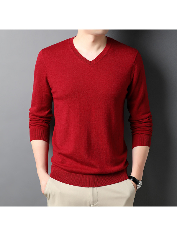 男装秋冬季310g男士羊毛衫鸡心V领套头纯色打底毛衣男
