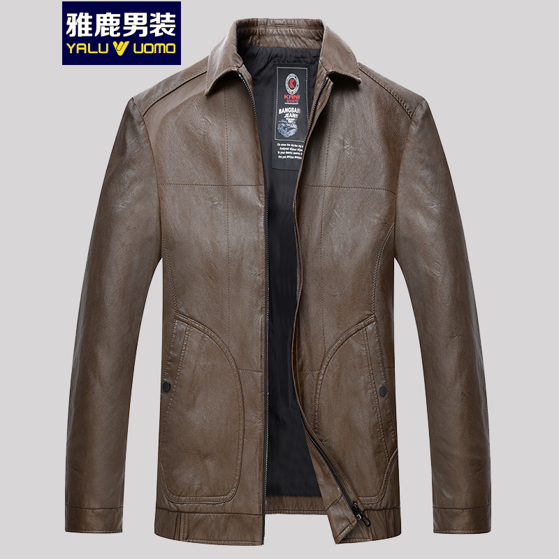 雅鹿男装皮衣男薄款2018秋季新品中年翻领商务休闲爸爸皮夹克外套