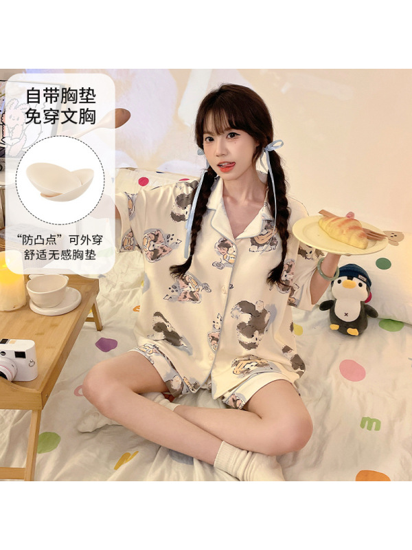带胸垫夏季女仿棉开衫短袖宽松加大码翻领韩版卡通休闲家居服套装