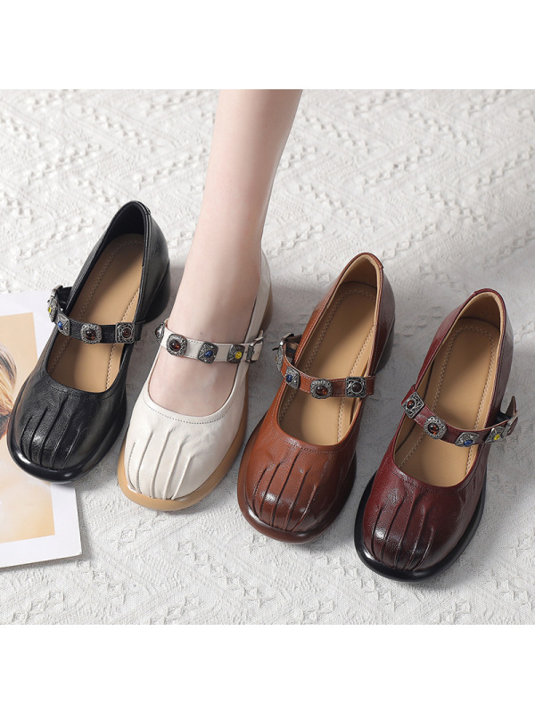 25新款玛丽珍鞋深口羊皮单鞋圆头复古厚底中跟乐福鞋单鞋时尚女鞋