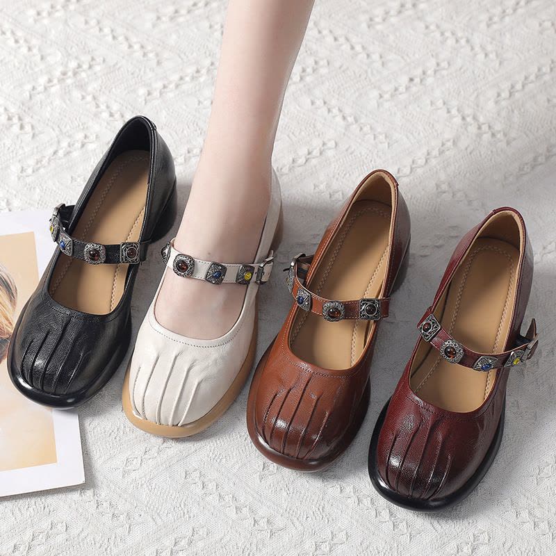 25新款玛丽珍鞋深口羊皮单鞋圆头复古厚底中跟乐福鞋单鞋时尚女鞋图片