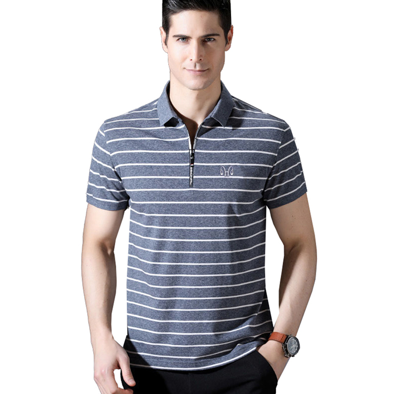 恒源祥男士短袖t恤夏季中青年拉链翻领棉条纹polo衫休闲半袖衣服