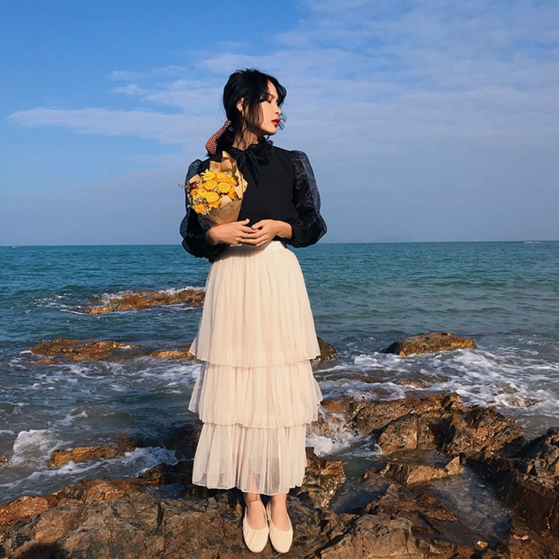 如熙蛋糕裙半身裙女高腰中长款百褶裙a字仙女网纱裙长裙