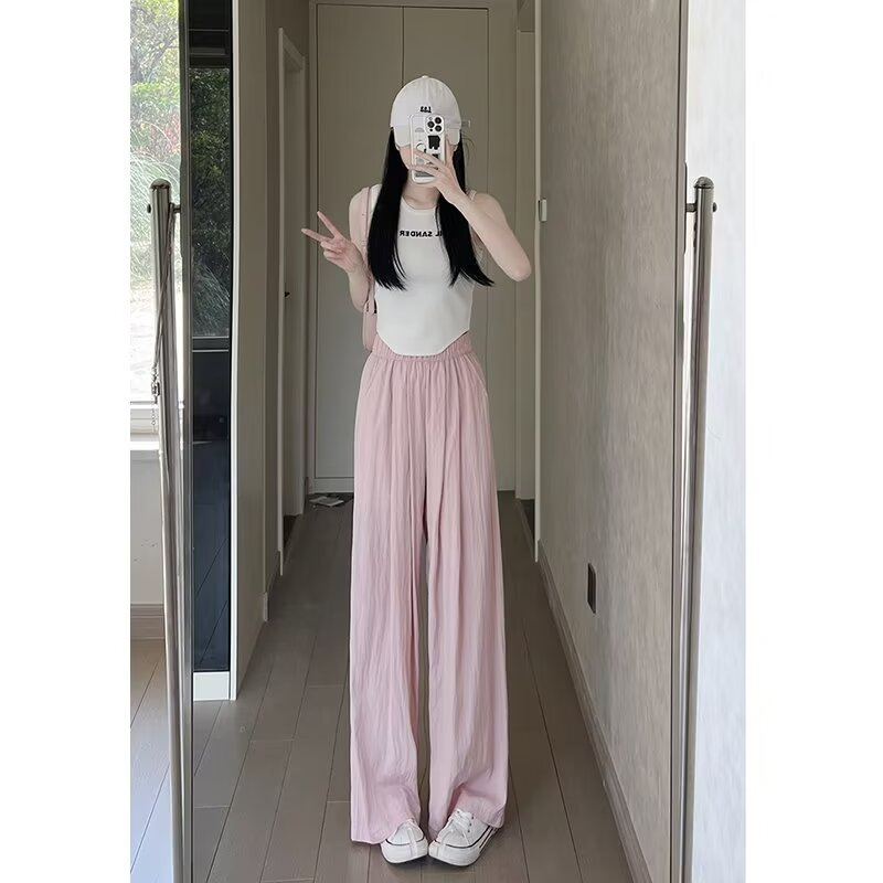 纯色阔腿凉凉裤女夏季新款慵懒风垂感褶皱休闲设计感直筒裤子ins