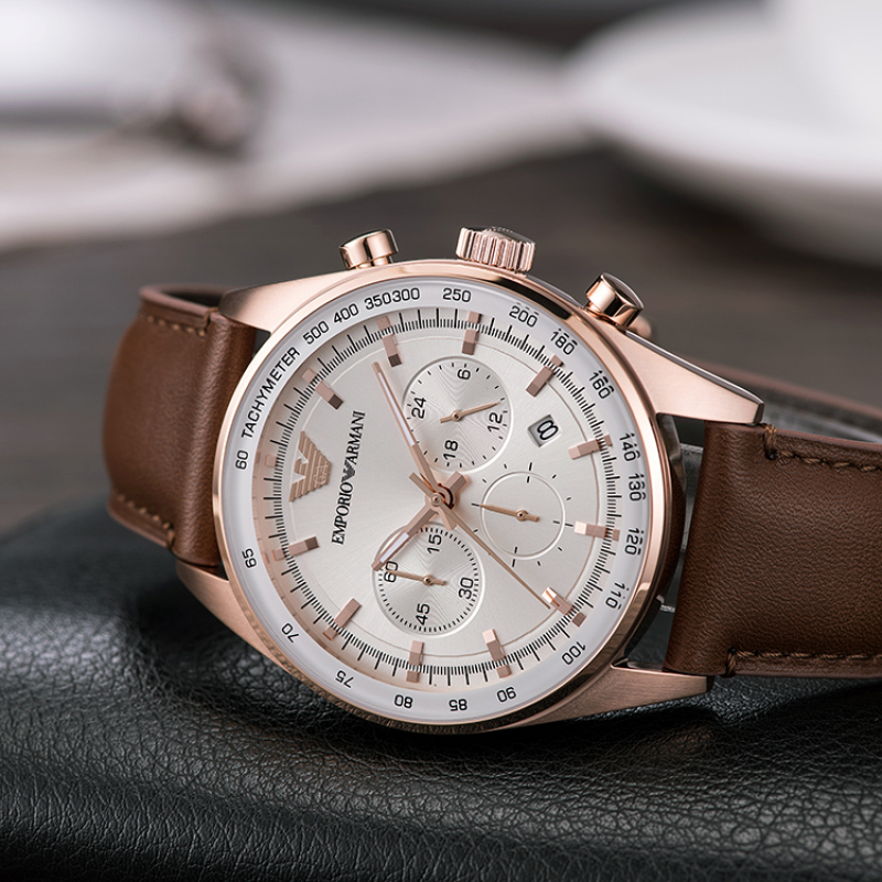 阿玛尼emporioarmani手表皮带时尚商务简约多功能三眼计时防水日历