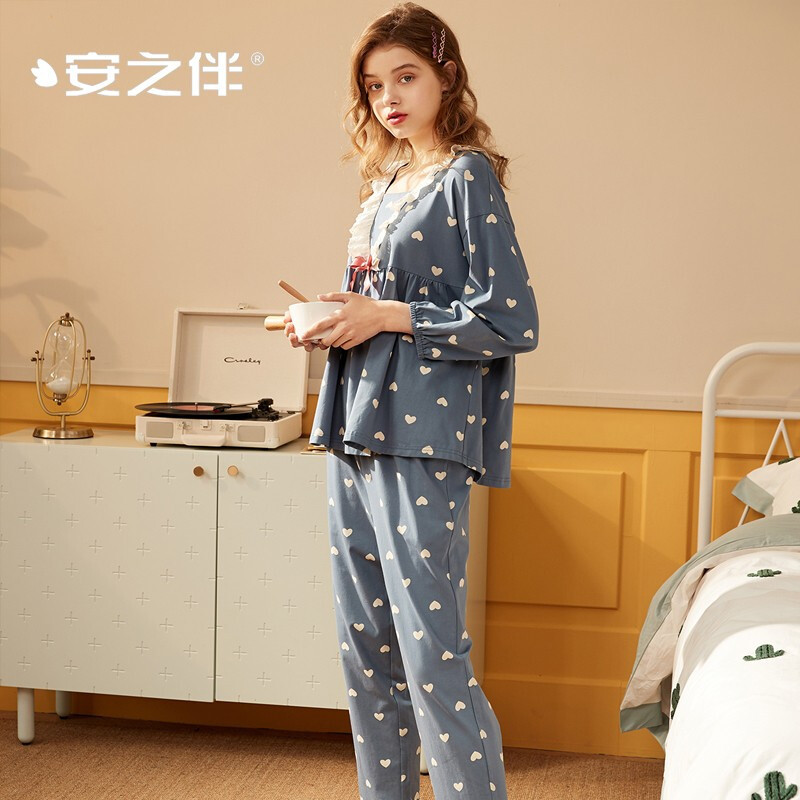 安之伴睡衣女春秋棉质弹力针织印爱心长袖女套装