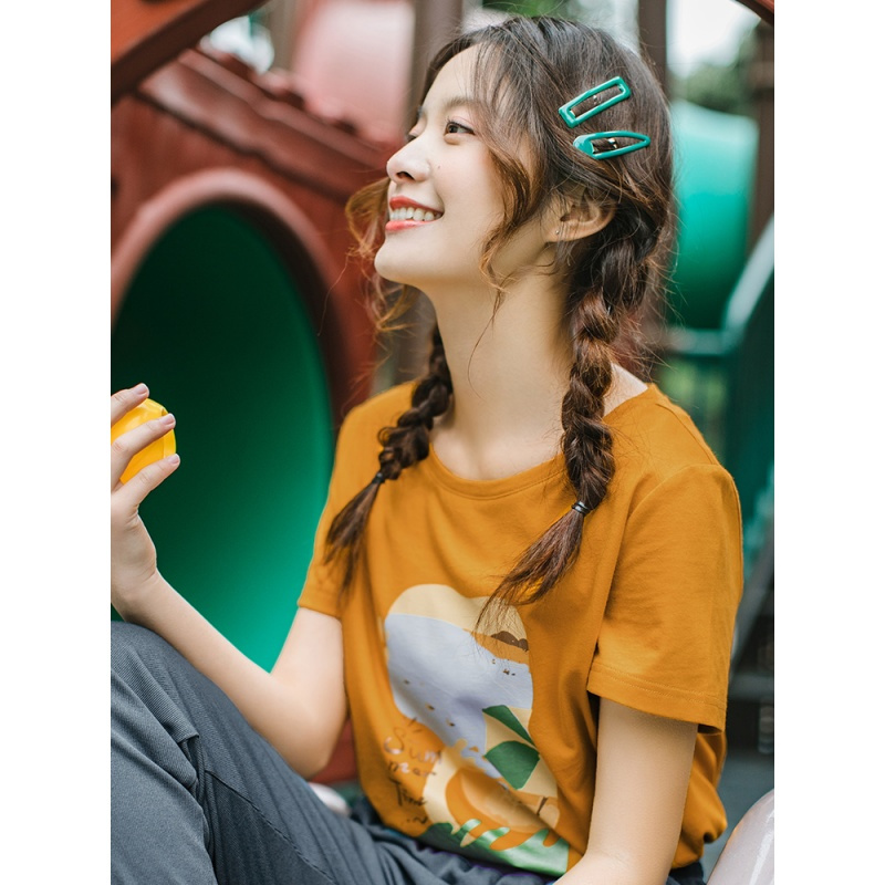 茵曼t恤女2019夏装新款圆领文艺印花休闲百搭韩版显瘦短袖上衣