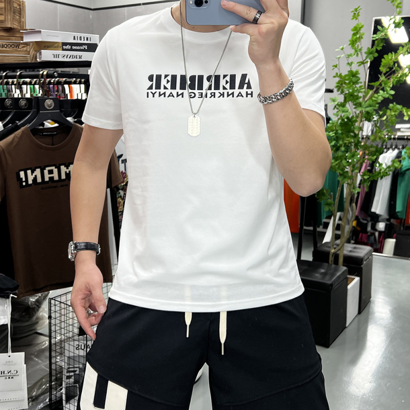夏季新款短袖T恤男士上衣字母抖音潮流时尚圆领半袖衫修身丝光棉