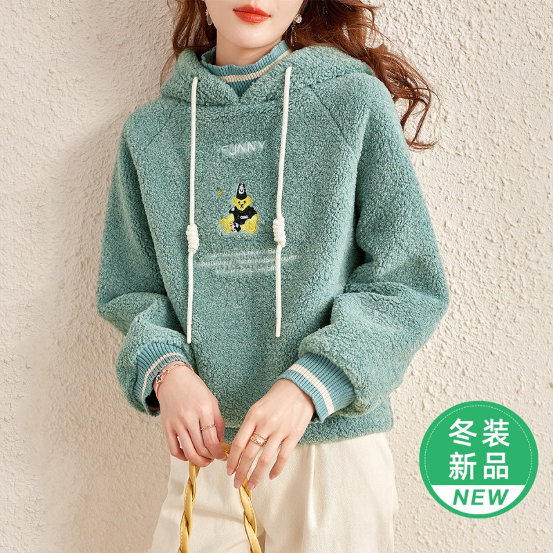 OUNIXUE欧昵雪 | [连帽小熊卫衣]秋冬季休闲羊羔毛长袖宽松加绒ins上衣女