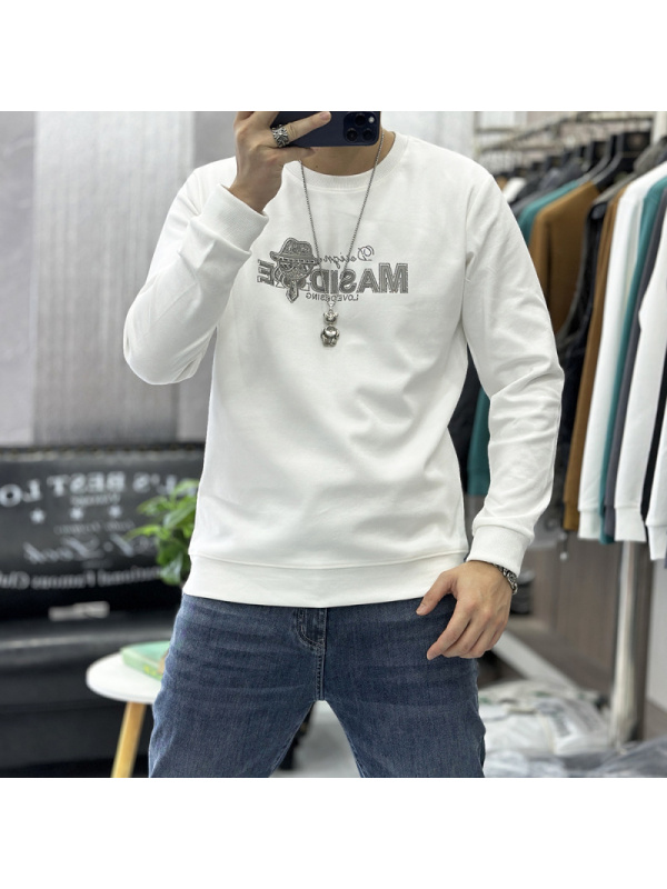 欧洲站秋冬新款卫衣男士套头时尚烫钻印花长袖体恤打底衫加绒上衣