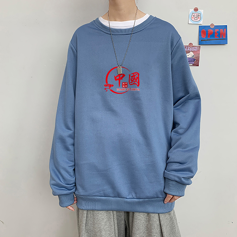 罗蒙（ROMON）印花圆领卫衣男2021春秋季ins港风宽松百搭套头上衣潮流