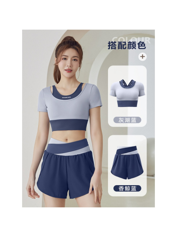 夏季新款短款拼色运动健身瑜伽假两件瑜伽服套装