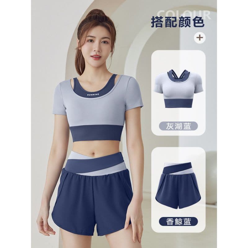 夏季新款短款拼色运动健身瑜伽假两件瑜伽服套装图片