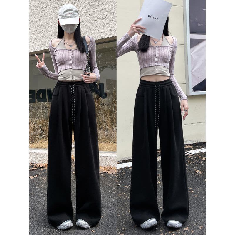 灰色运动裤女春秋季新款秋冬加绒直筒卫裤小个子休闲阔腿裤子图片