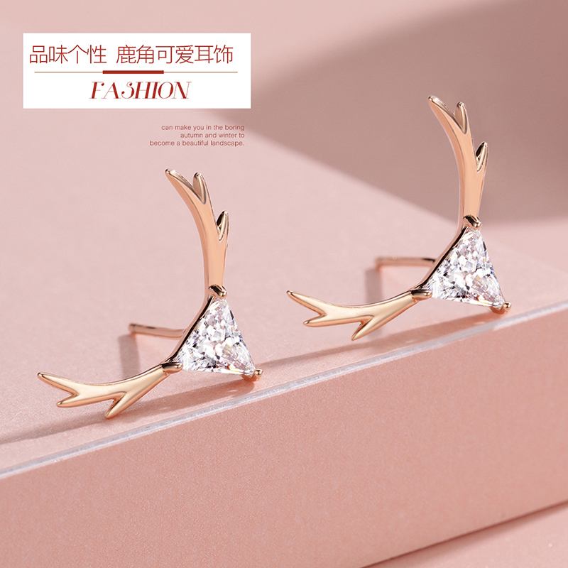 佰色传情S925银耳钉女鹿角个性韩版小清新梅花气质可爱耳饰