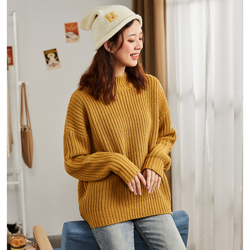 2019唐狮秋冬季新款毛衣女半高领粗线针织衫毛线衣上衣色黑色潮