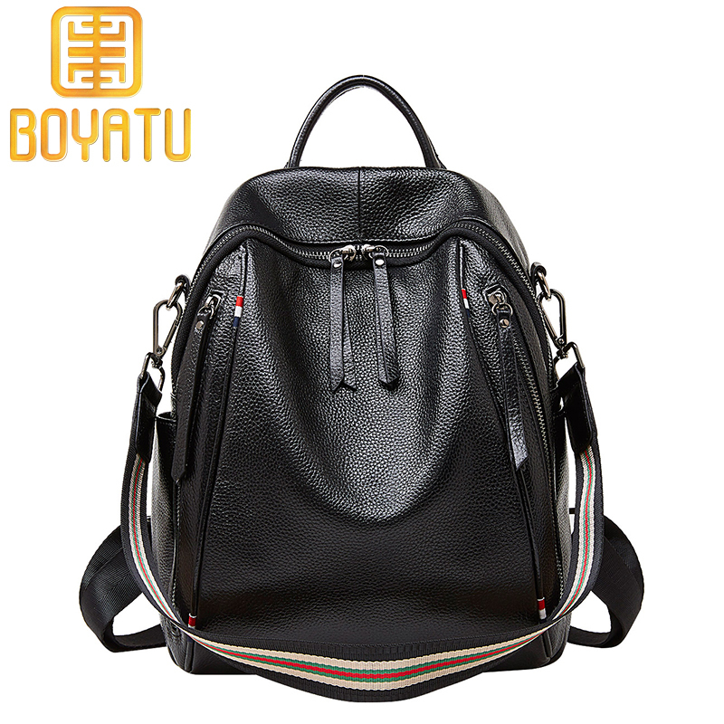 柏雅图（boyatu）包包女2018女士双肩包头层牛皮织带真皮学院风背包