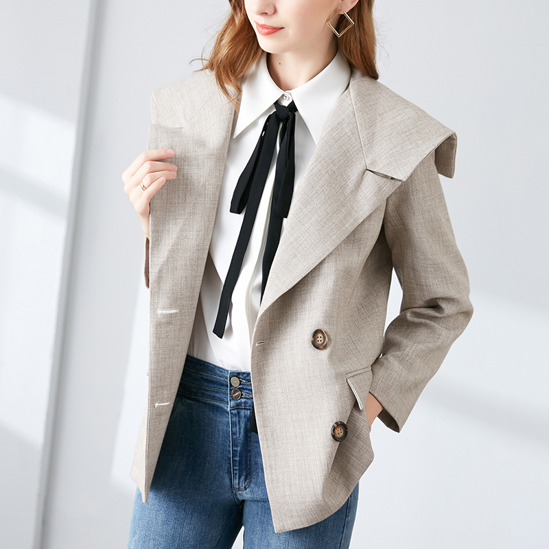 晚白 2020春季新品通勤百搭纯色翻领单排扣OL长袖西装风衣外套女
